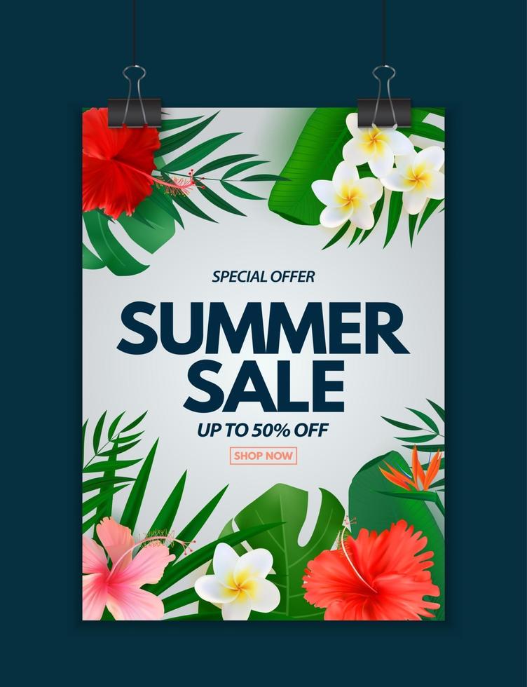 sommarförsäljningsaffisch. naturlig bakgrund med tropiska palmblad, exotisk plumeria och hibiskusblomma vektor
