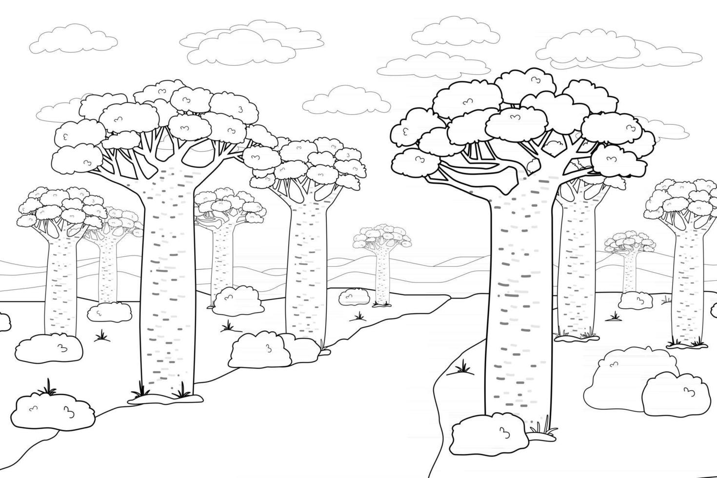 svart vit vektor kontur afrikansk madagaskar baobab gata eller aveny klotter tecknad handritad liggande illustration av träd himmel väg afrikanska växter buskar moln gräs för målarbok