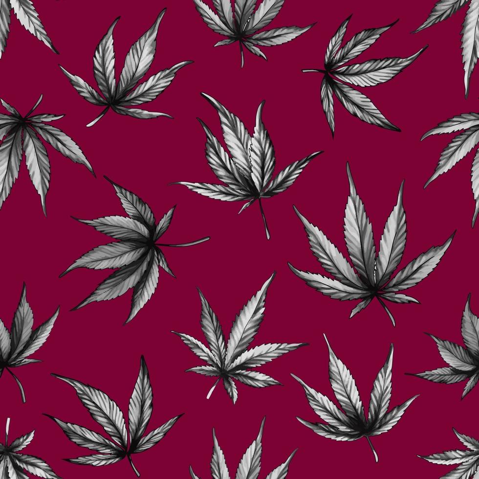 sömlösa mönster av svart hampa på en röd bakgrund. marijuana mönster på röd bakgrund. vektor illustration. modern mode cannabis mall för textilier, papper, webbdesign. vektor illustration