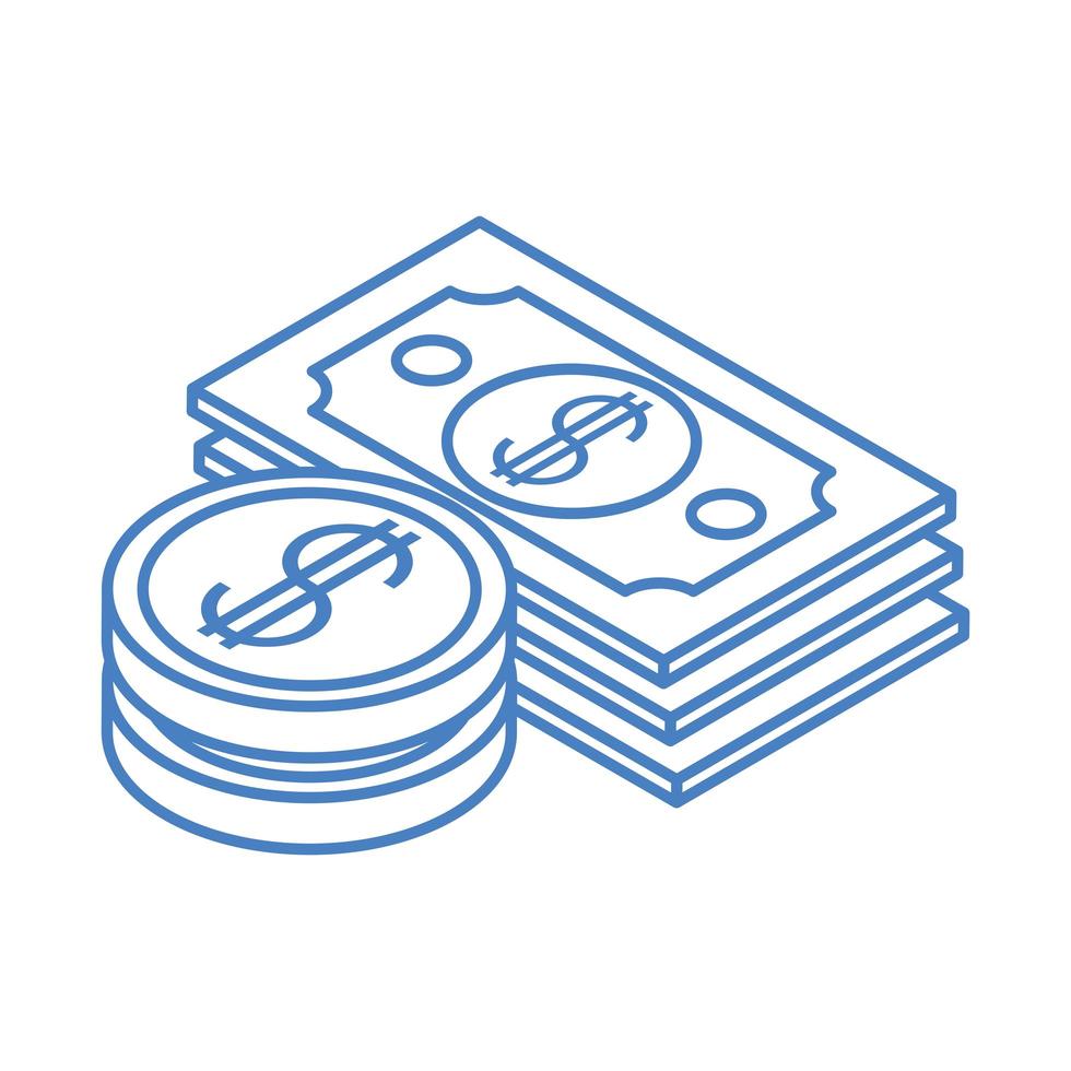 isometriska pengar kontanter valuta sedlar och mynt staplade isolerade på vit bakgrund linjär blå ikon vektor