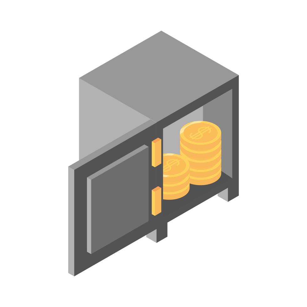 isometrisk pengar kontanter valuta öppna kassaskåp mynt tjänar isolerad på vit bakgrund flat ikonen vektor