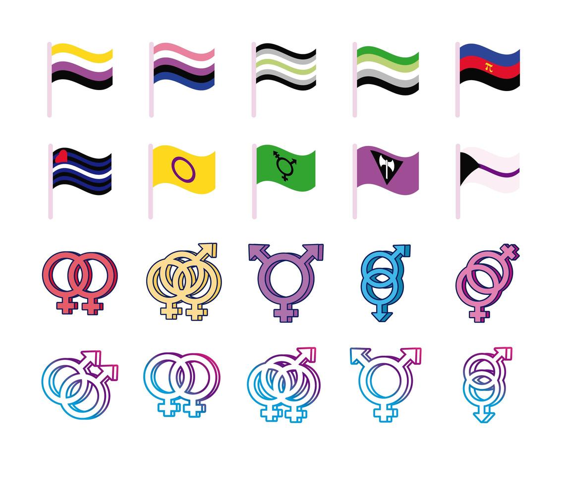 Bündel von Geschlechtssymbolen der sexuellen Orientierung und Flaggen Multi-Style-Symbole vektor