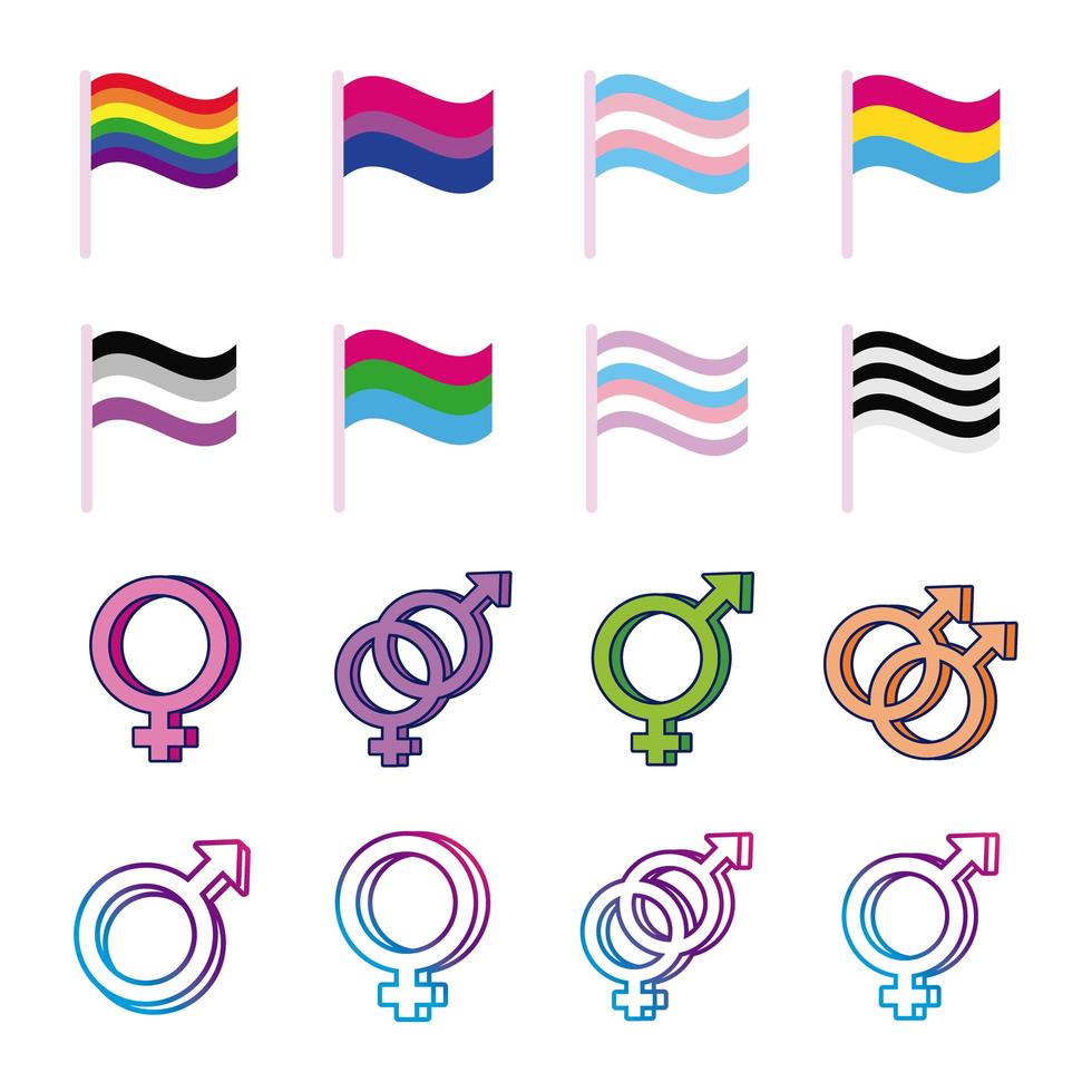 Bündel von Geschlechtssymbolen der sexuellen Orientierung und Flaggen Multi-Style-Symbole vektor