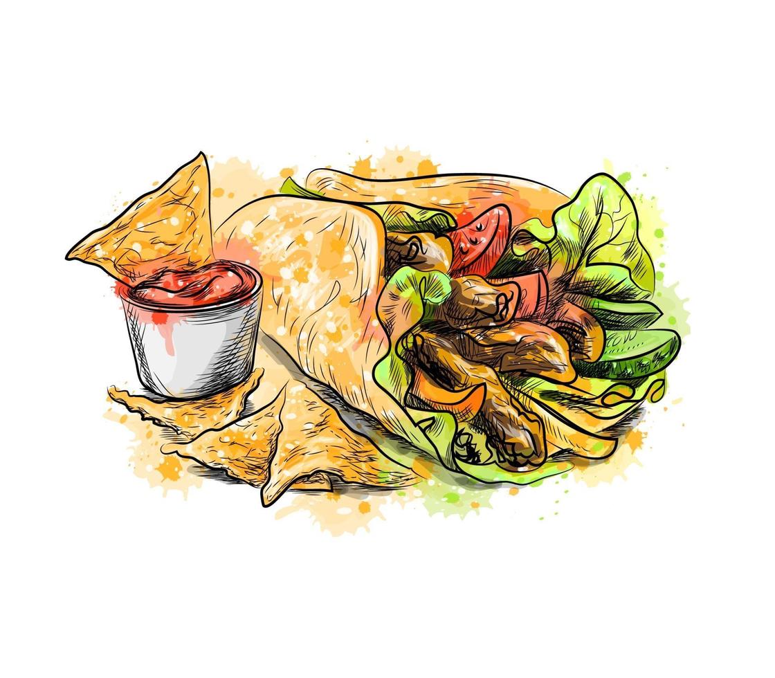 mexikanische Food-Chips mit Tortilla-Nachos mit Saucen aus einem Spritzer Aquarell handgezeichnete Skizzenvektorillustration von Farben vektor