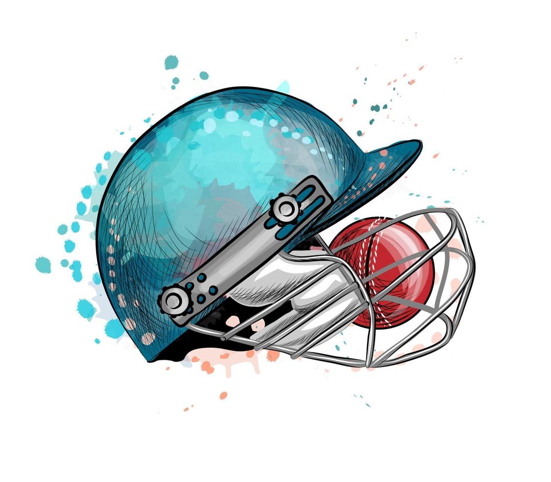 Cricket-Helm mit Ball aus einem Spritzer Aquarell handgezeichnete Skizze Vektor-Illustration von Farben vektor