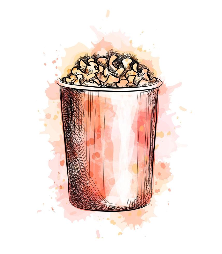 Pappbecher mit Popcorn aus einem Spritzer Aquarell handgezeichnete Skizze Vektorgrafik von Farben of vektor