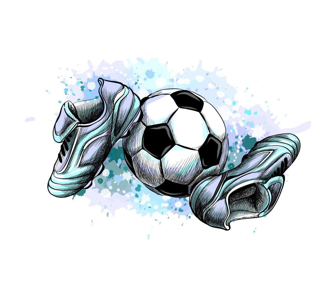 fotbollsskor med boll från ett stänk av akvarell handritad skiss vektorillustration av färger vektor