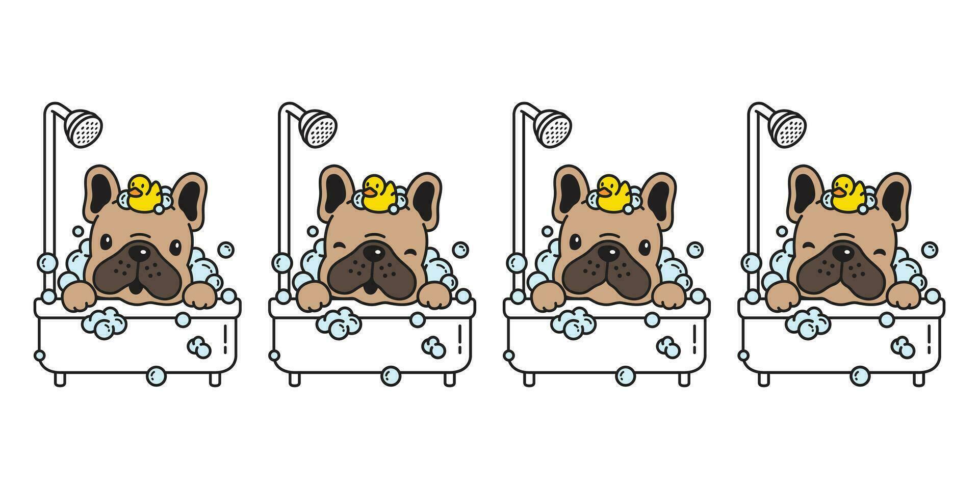 Hund Vektor Französisch Bulldogge Bad Dusche Gummi Ente Karikatur Charakter Symbol Logo Blase Seife Illustration Gekritzel braun