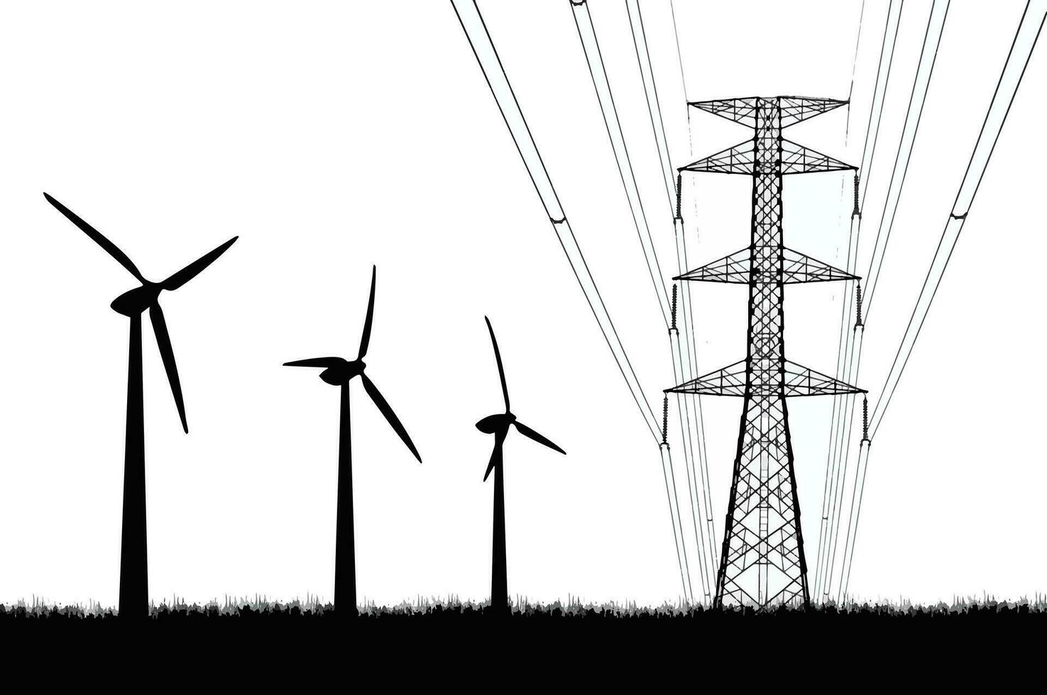 Vektor Illustration von hoch Stromspannung Türme und Wind Turbinen auf ein Weiß Hintergrund. sauber Energie Konzept