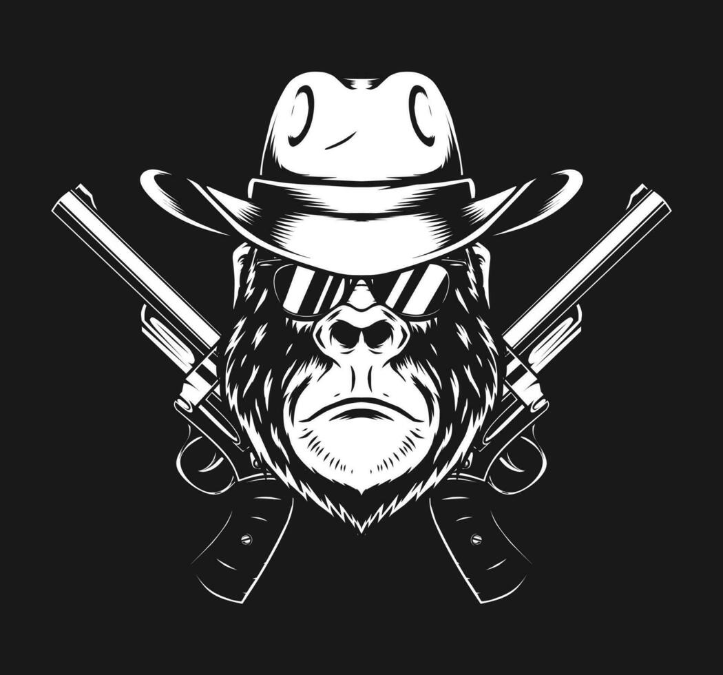 gorilla bär cowboy hatt och revolver pistol vektor