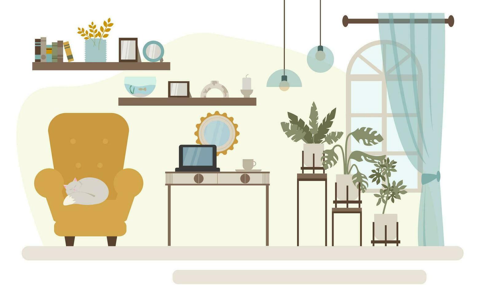 Leben Zimmer Innere mit Möbel und Zubehör. Design von Arbeiten Kabinett. Vektor Illustration im eben Stil