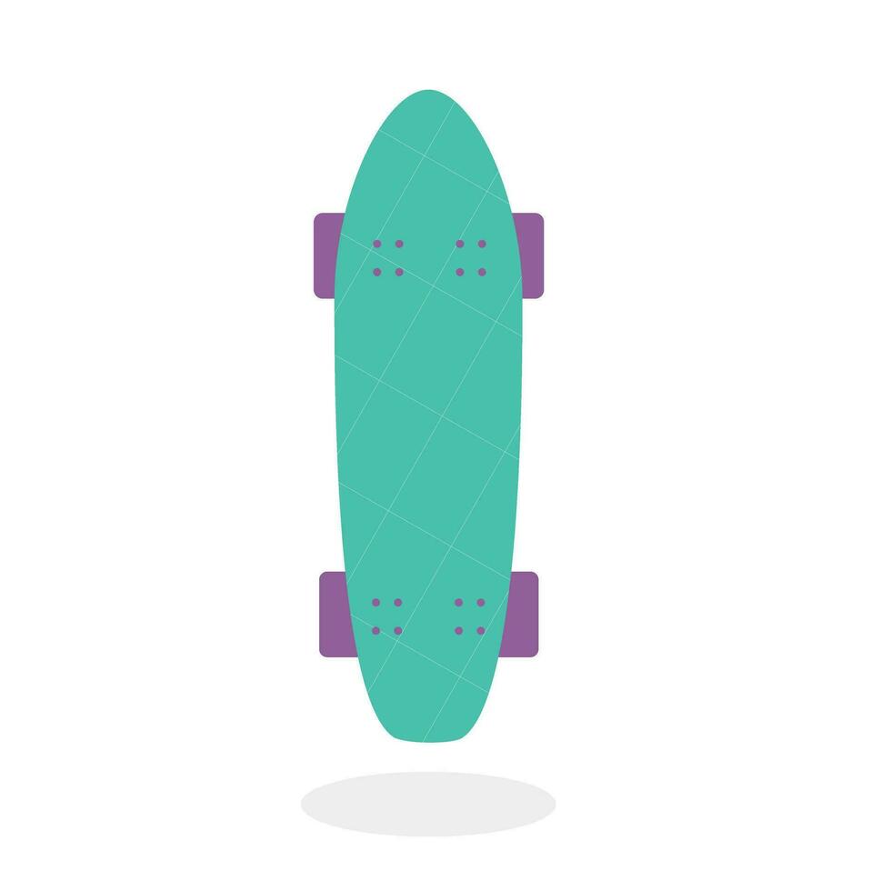 Skateboard eben Symbol mit Schatten. Grün Skateboard mit lila Räder Vektor Illustration zum drucken, Aufkleber, Karte.