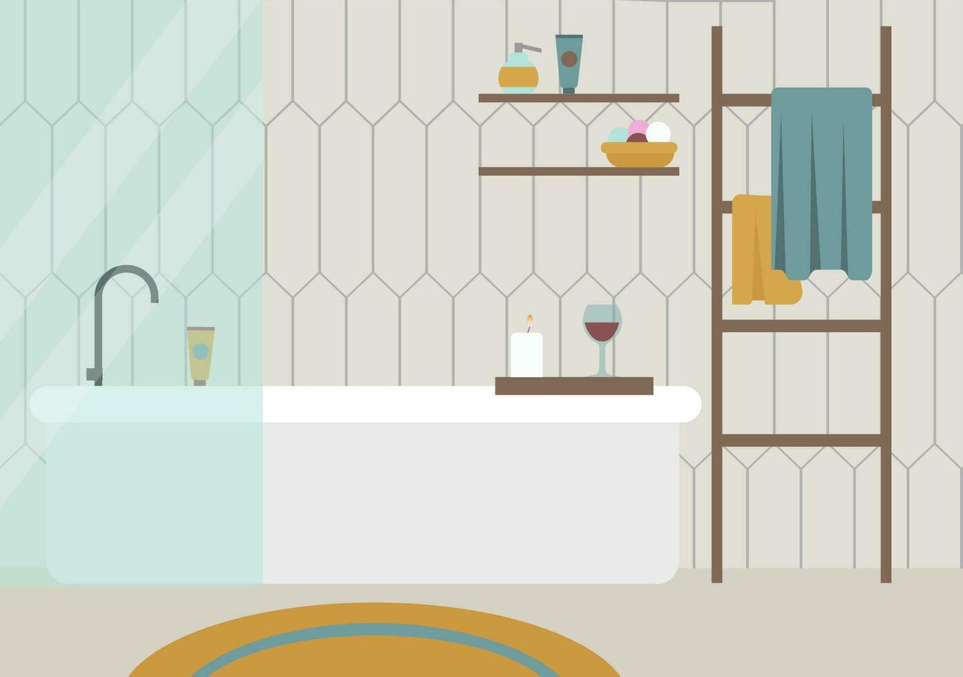 badrum interiör med badkar, spegel, handduk och hyllor. platt stil vektor illustration.