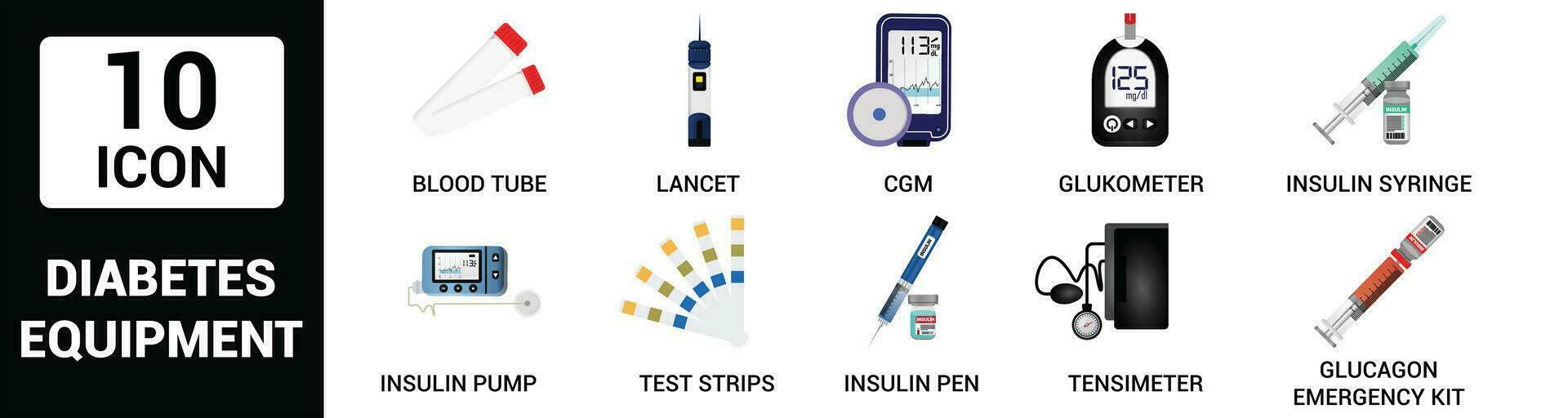 medicinsk diabetes platt ikon uppsättning för webb vektor