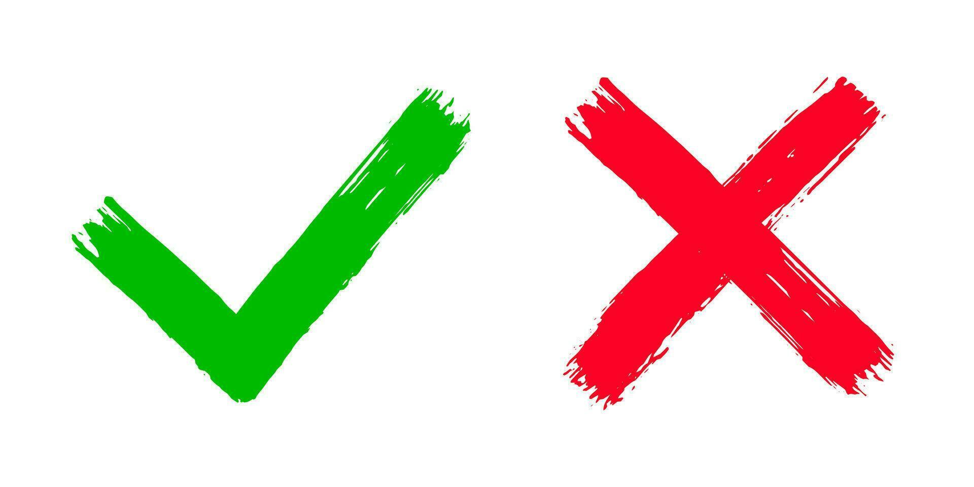 två smutsig grunge hand dragen med borsta stroke korsa x och bock v kolla upp märken vektor illustration.