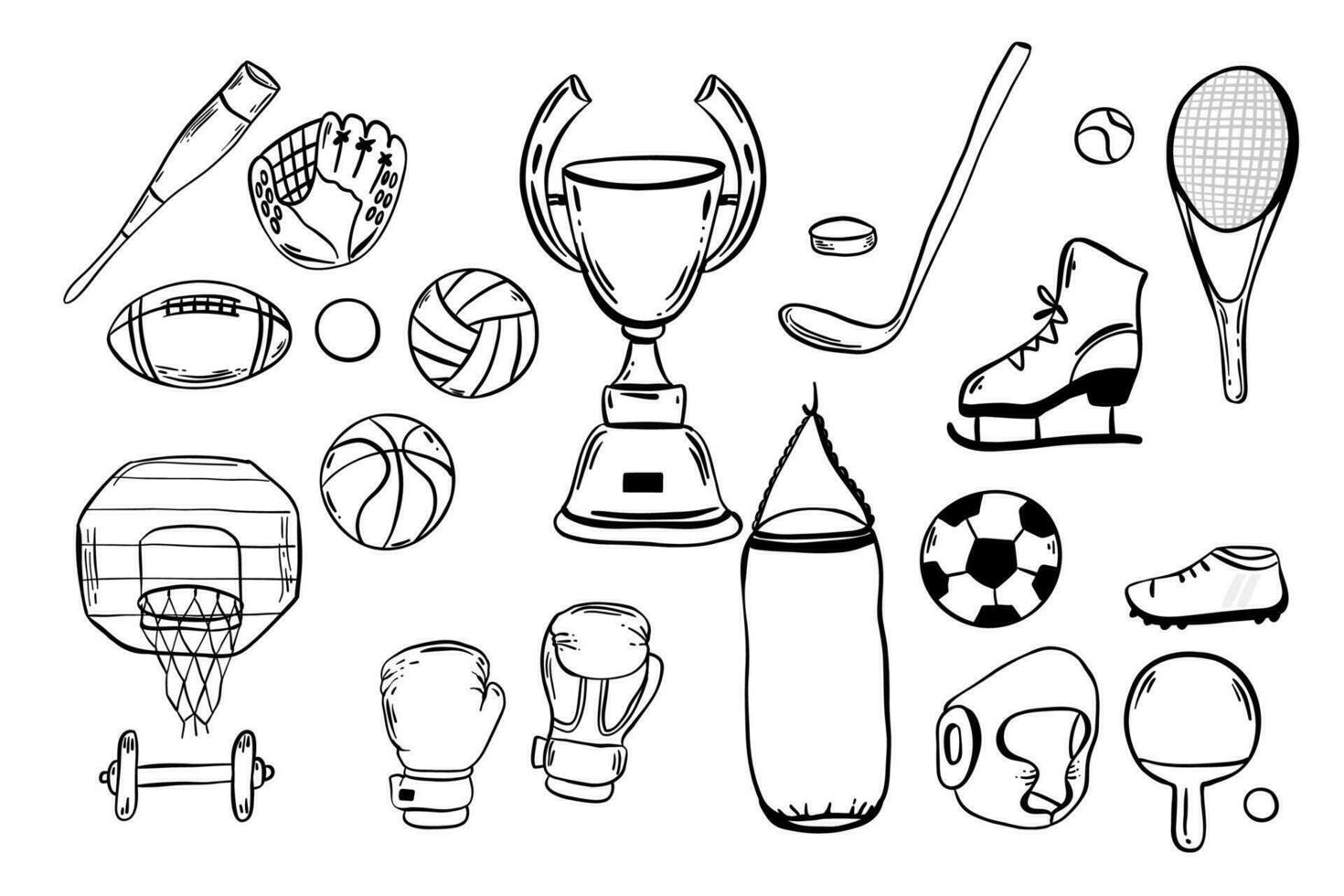 sport Utrustning. vektor ikoner uppsättning av sport lager med bollar för volleyboll, baseboll, fotboll spel och tennis, golf boll, biljard, racket, bowling. kondition Gym verktyg. team spel,