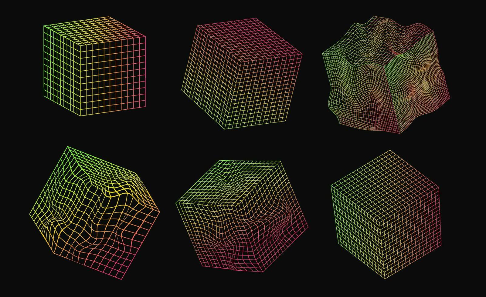 uppsättning lutning neon kub form klistermärken med annorlunda linjär form inspirerad förbi brutalism, cyberpunk samling konstig trådramar vektor 3d geometrisk former, förvrängning och omvandling av figur