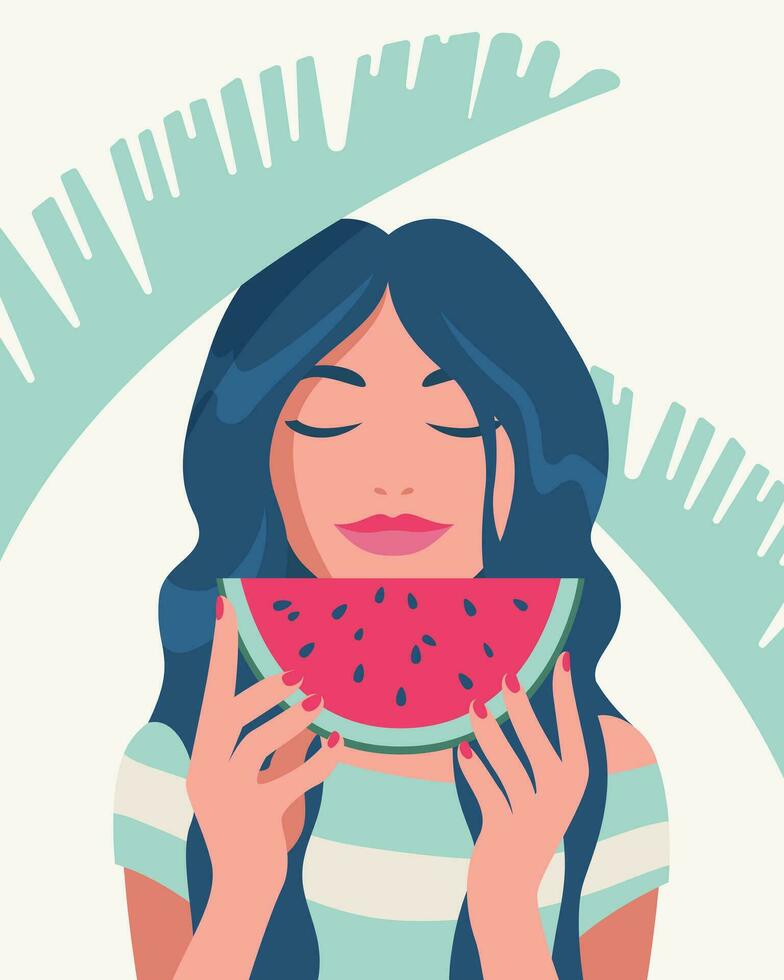 Sommer- Zeit, Urlaub, Meer. ein Frau ist genießen ein frisch Stück von Wassermelone. Vektor Illustration im ein minimalistisch Stil zum Poster, Abdeckungen, Flyer, Banner