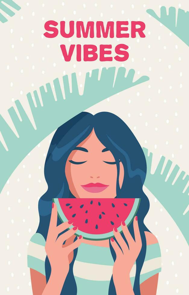 Sommer- Schwingungen. Sommer- Zeit, Urlaub, Meer. Frau mit ein Stück von Wassermelone. Vektor Illustration im ein minimalistisch Stil, Postkarte, Poster