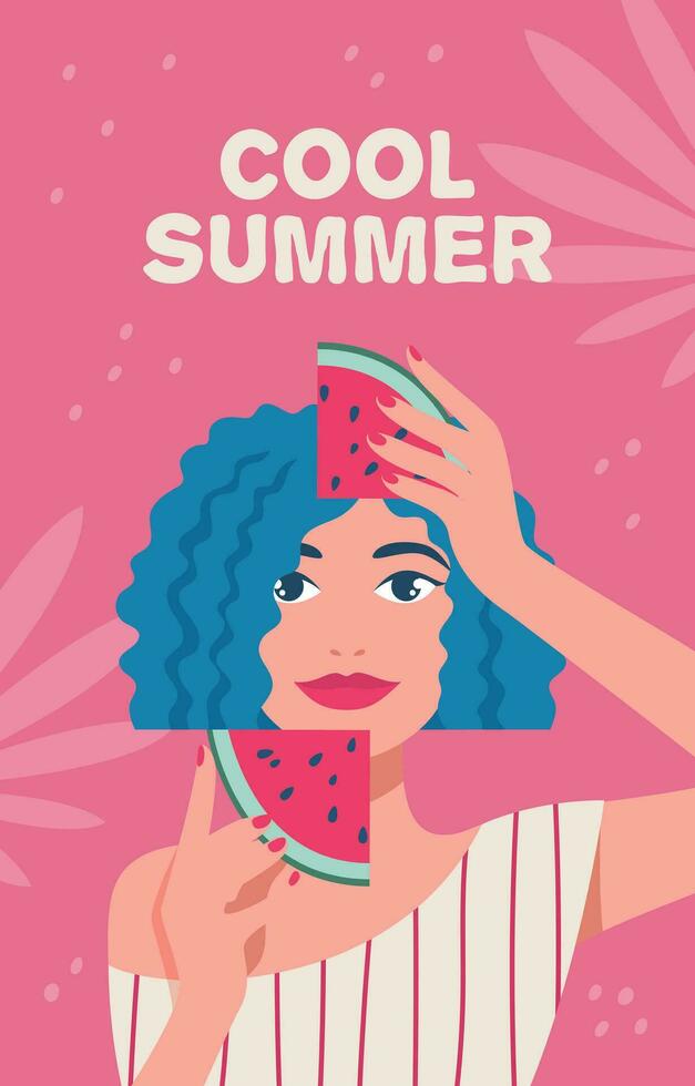 cool Sommer. Sommer, Urlaub, Meer. Frau mit Scheiben von Wassermelone. Vektor Illustration im ein minimalistisch Stil, Poster