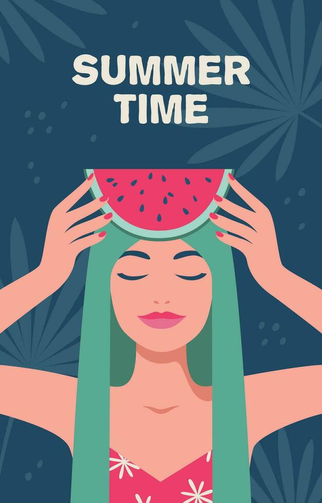 sommar tid. sommar, semester, hav. kvinna med skivor av vattenmelon. vektor illustration i en minimalistisk stil, affisch