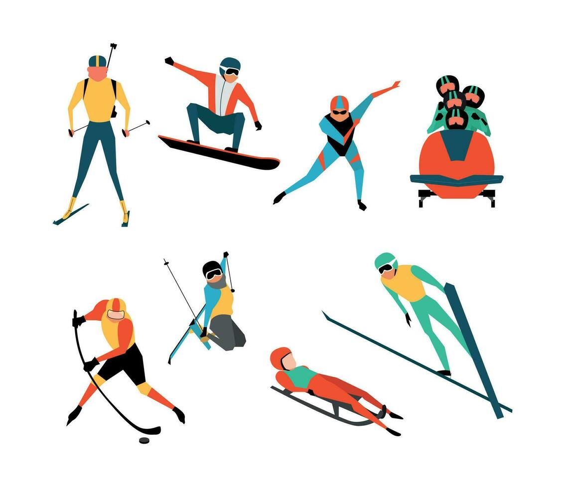 uppsättning av människor idrottare vinter- sporter. skidåkning, åka snowboard, skridskoåkning och Mer. vektor platt illustration