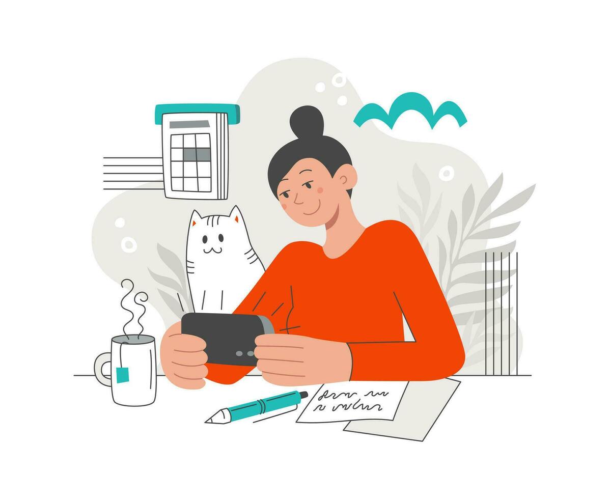 Frau im ein online Treffen über Smartphone. Katze. das Konzept von online Studie oder Geschäft treffen. Vektor eben Illustration im modern Stil