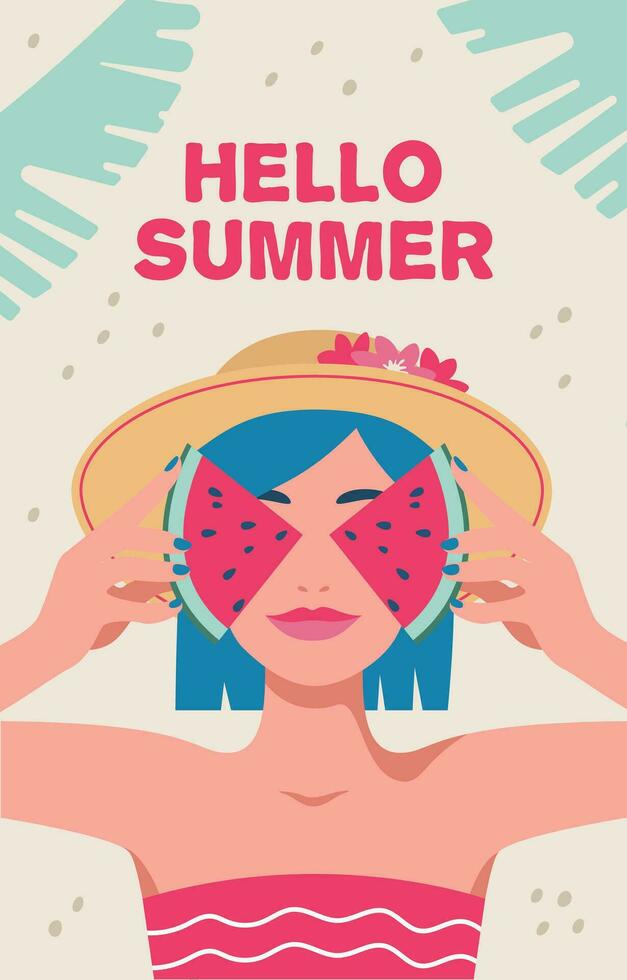 Hallo Sommer. Sommer, Urlaub, Meer. Frau mit Scheiben von Wassermelone. Vektor Illustration im ein minimalistisch Stil, Poster