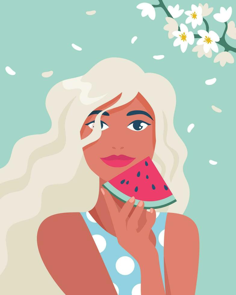 Sommer- Zeit, Urlaub, Meer. Porträt von ein Frau mit ein Stück von Wassermelone und ein blühen Ast. Vektor Illustration im ein minimalistisch Stil zum Poster, Abdeckungen, Flyer, Banner