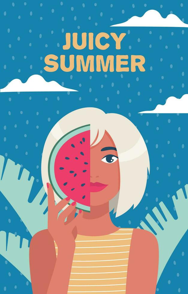 saftig Sommer. Sommer- Zeit, Urlaub, Meer. Frau mit Scheiben von Wassermelone. Vektor Illustration im ein minimalistisch Stil, Poster