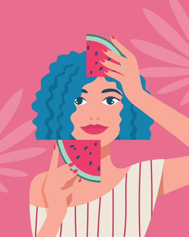 Sommer- Zeit, Urlaub, Meer. Porträt von ein Frau mit zwei Stücke von Wassermelone und tropisch Blätter auf das Hintergrund. Vektor Illustration im ein minimalistisch Stil