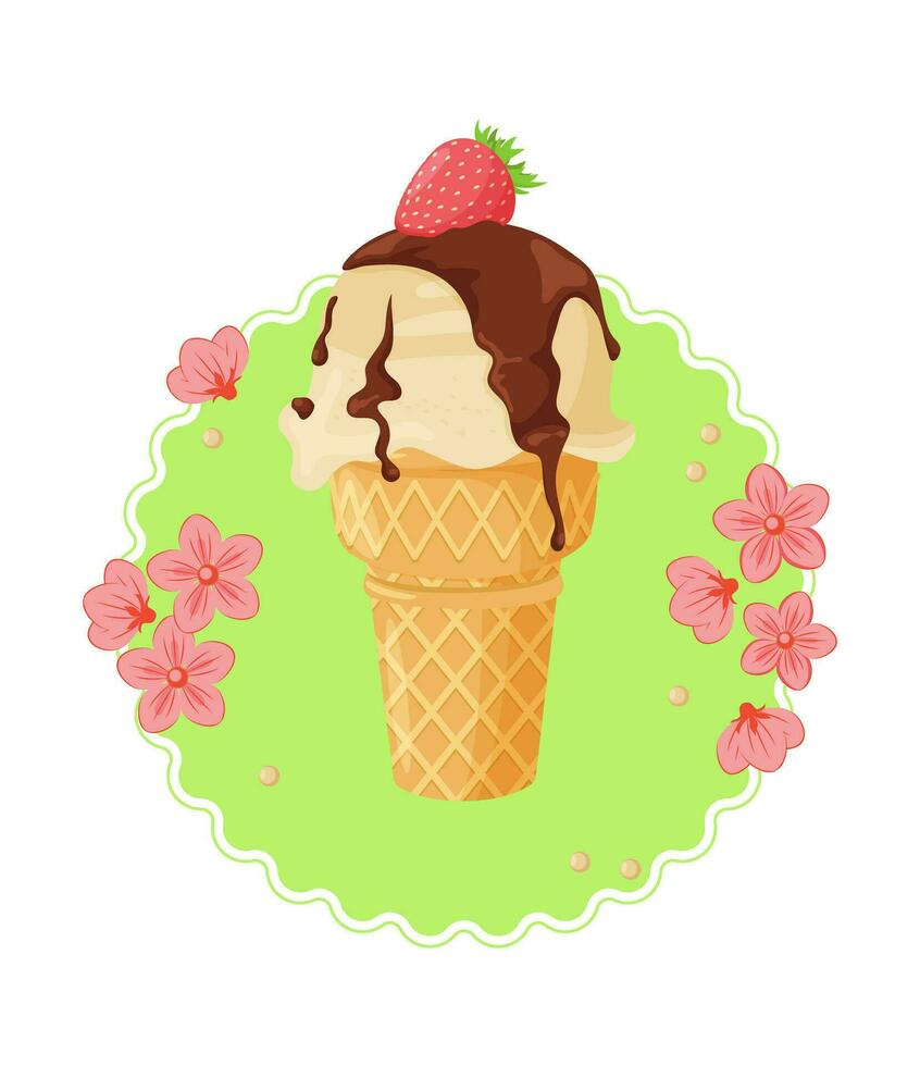 Eis Sahne Kegel mit Erdbeeren und Blumen. isoliert Vektor Illustration