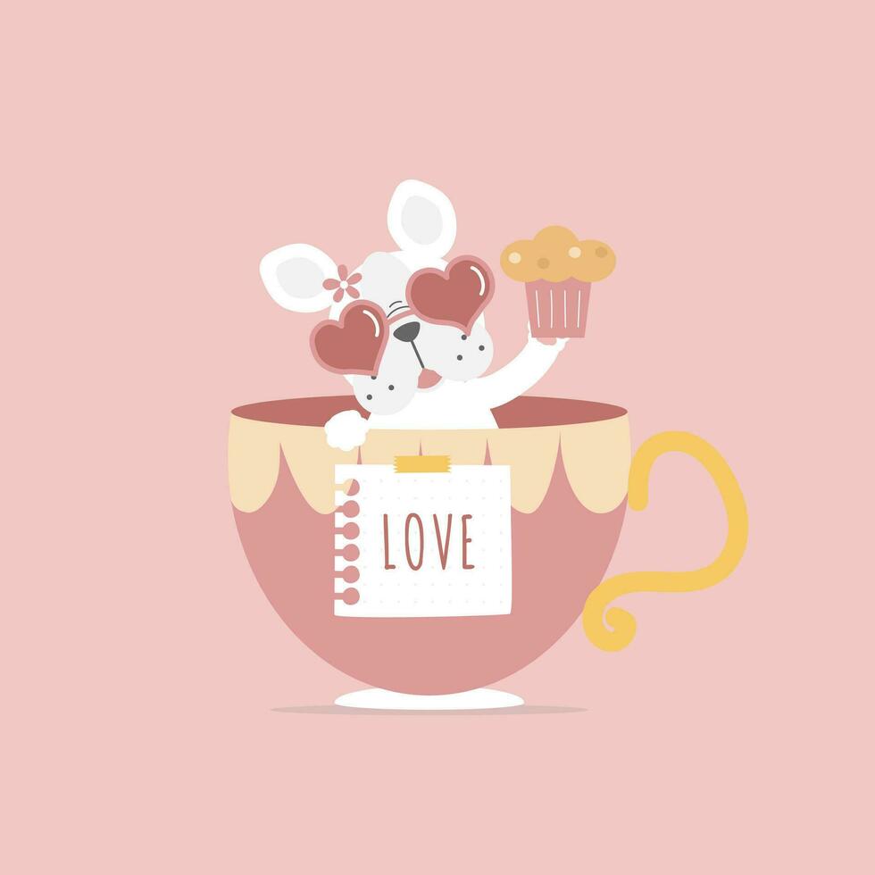söt och härlig hund innehav muffin i rosa kopp, Lycklig valentines dag, födelsedag, kärlek begrepp, platt vektor illustration tecknad serie karaktär kostym design