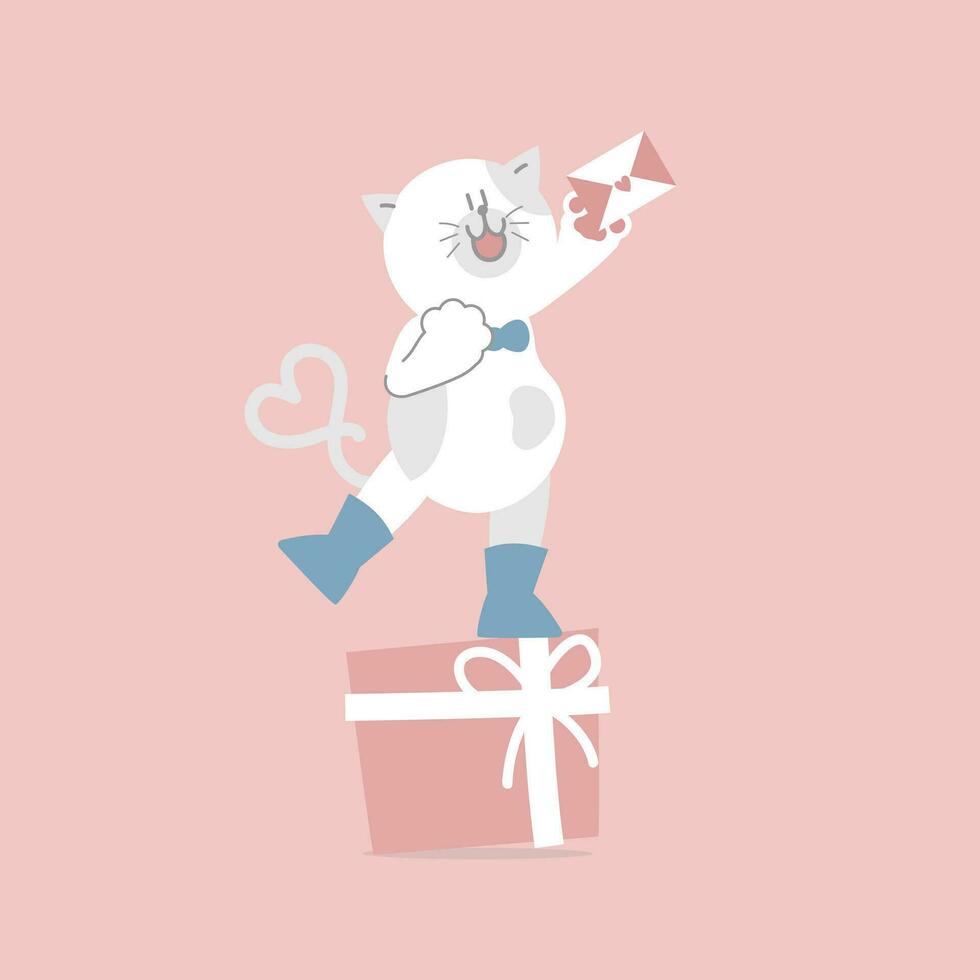 süß und schön Katze mit Geschenk und Liebe Brief, glücklich Valentinstag Tag, Geburtstag, Liebe Konzept, eben Vektor Illustration Karikatur Charakter Design isoliert