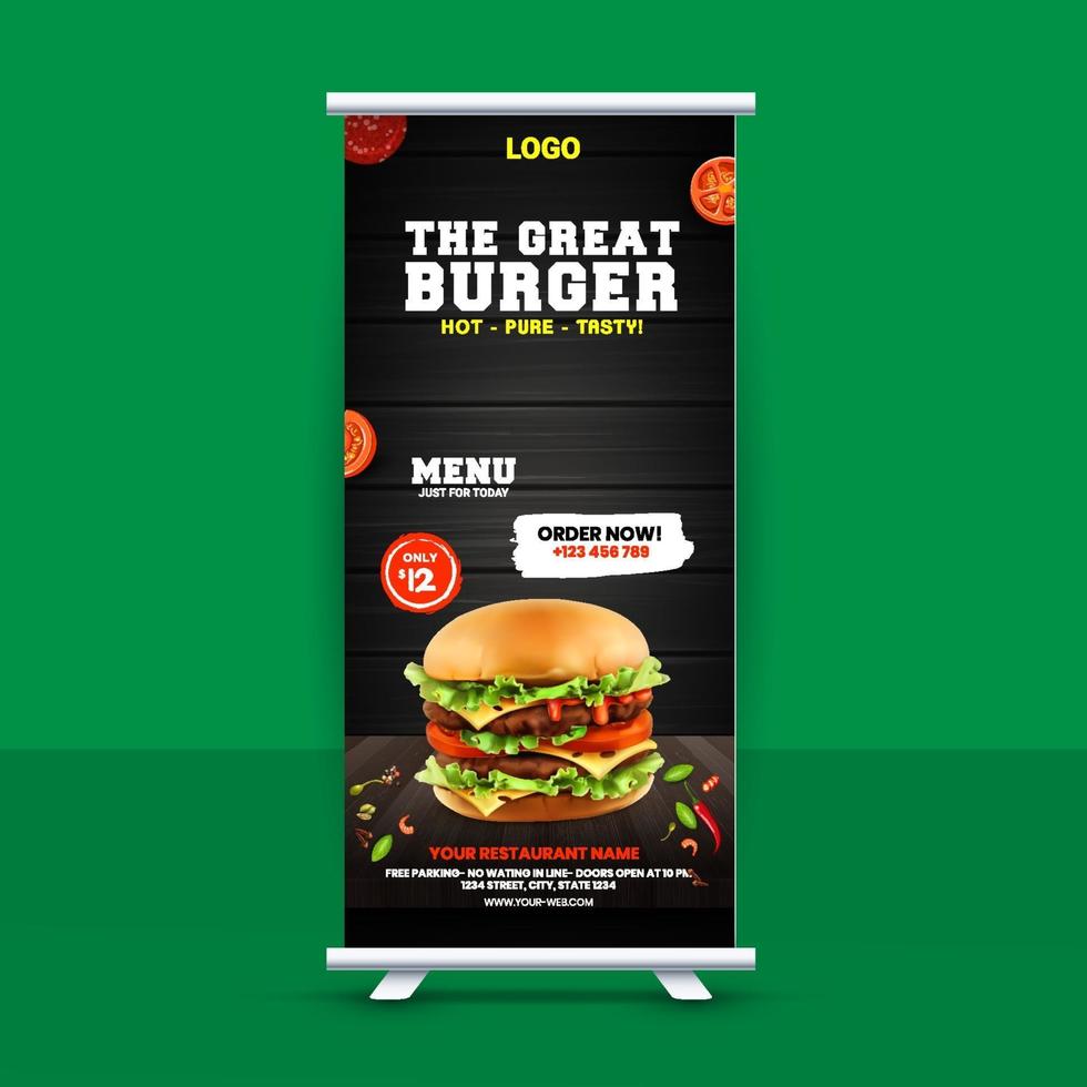 gratis snabbmat roll up banner designidé för restaurang vektor