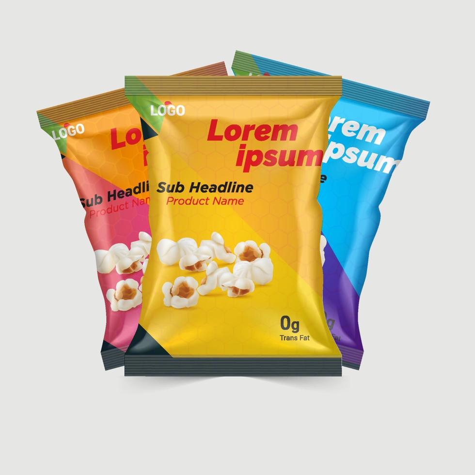 Kartoffelchips und Trockenfrüchte Verpackungsdesign Folienbeutel isoliert auf weißem Hintergrund in 3D-Darstellung vektor