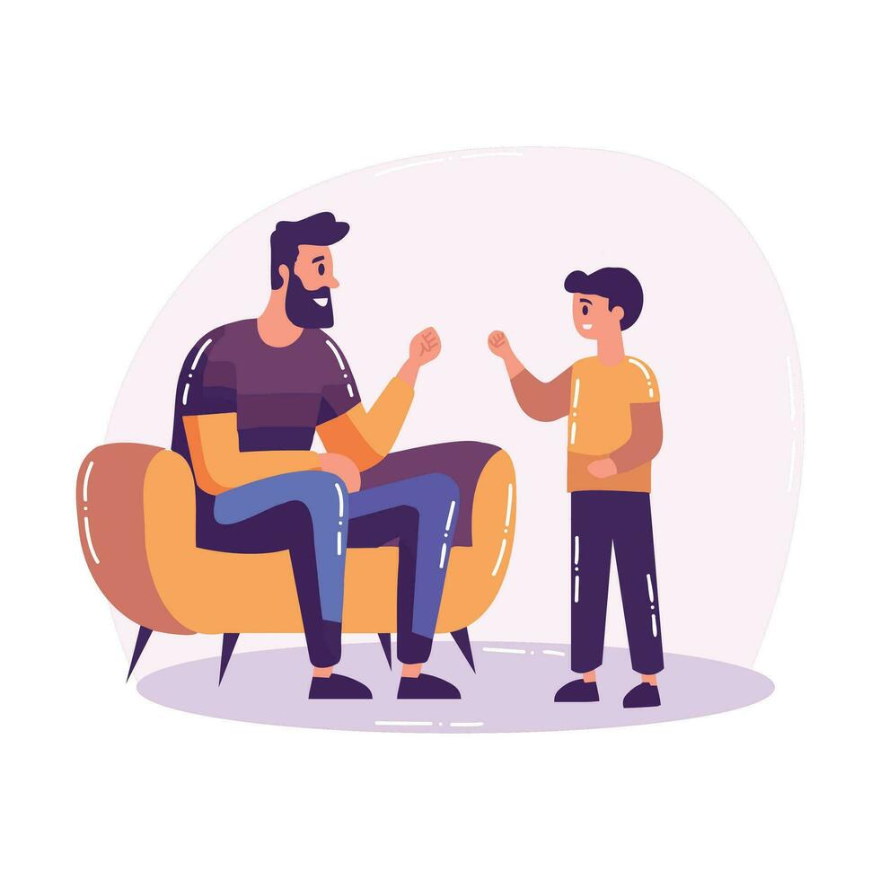 Hand gezeichnet Vater reden zu Sohn auf das Sofa im eben Stil vektor