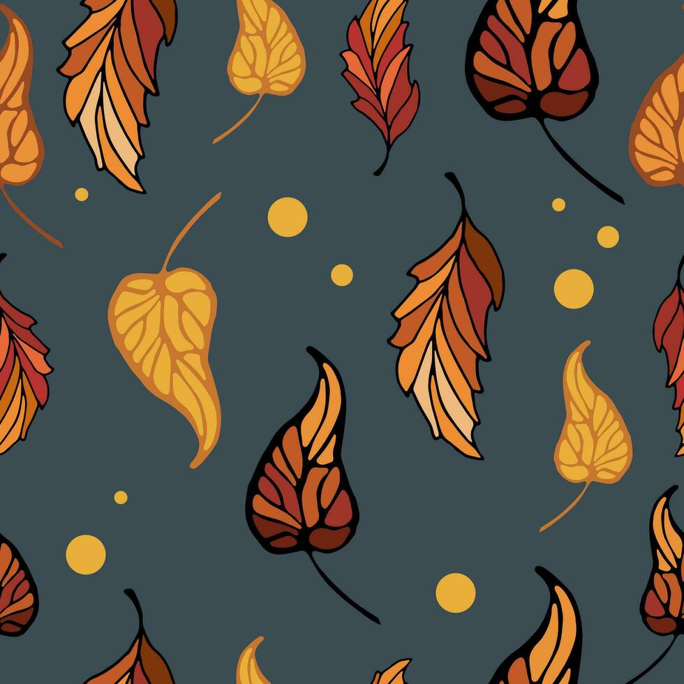 Herbst belaubt Muster mit Vergilbung Blätter auf ein dunkel Hintergrund. nahtlos Muster Hintergrund im natürlich erdig Töne von Hand gezeichnet Kritzeleien. zum Hintergrund, Drucken auf Stoff, Verpackung, Hintergrund. vektor