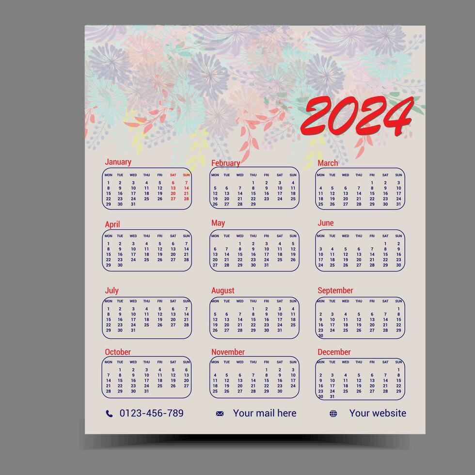 2024 einer Seite Kalender, Kalender 2024 vektor