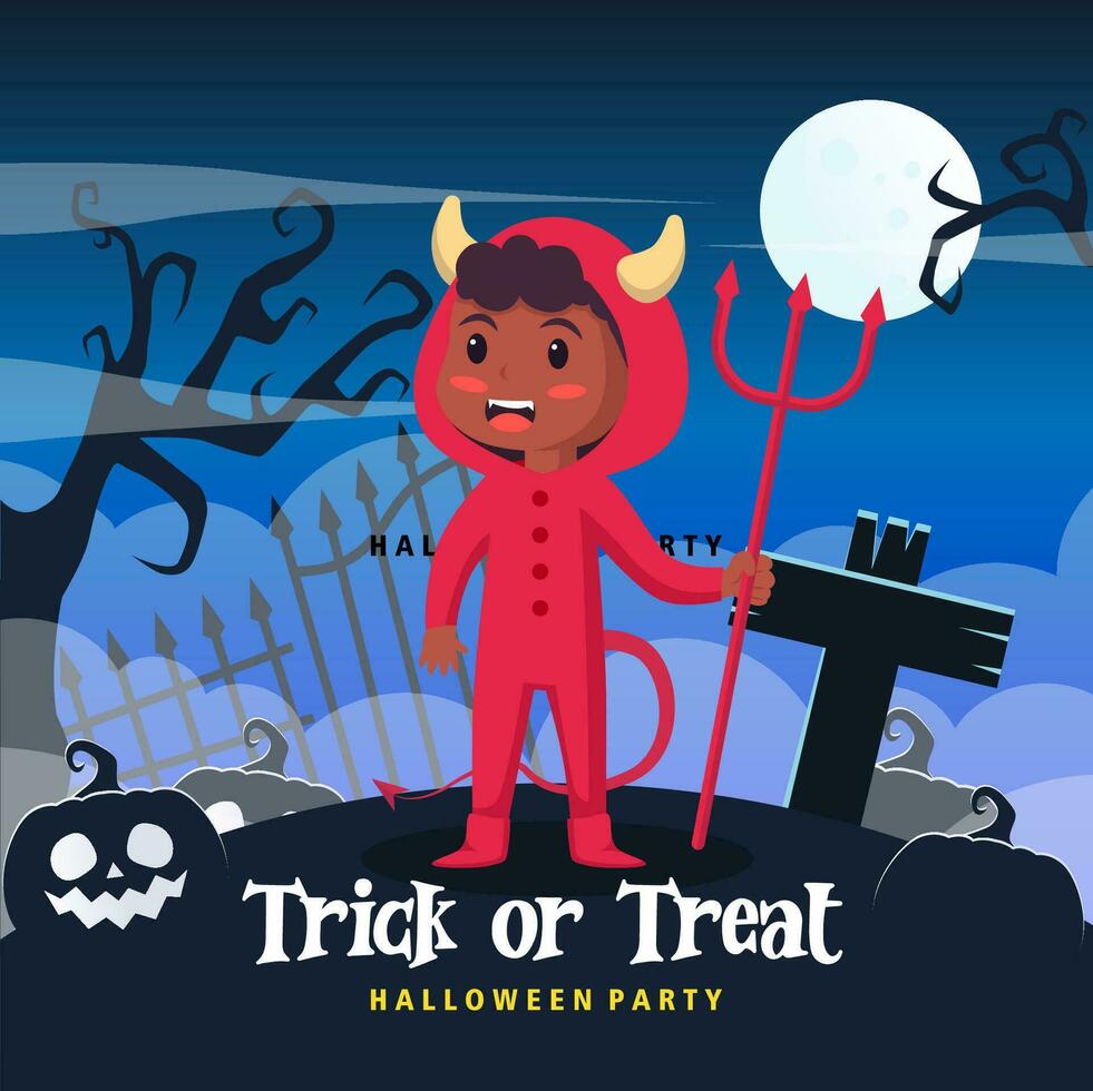 Kinder Halloween Vektor Illustration Teufel im Kostüm. Halloween Party Poster oder Einladung Vektor Vorlage. Vektor eps 10