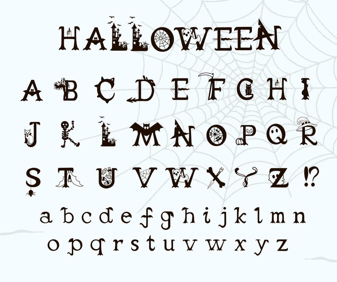 Hand gezeichnet Halloween Alphabet. dekorativ unheimlich Stil Schriftart mit Halloween Elemente. gespenstisch thematisch Briefe. Vektor Illustration zum Halloween Dekor.