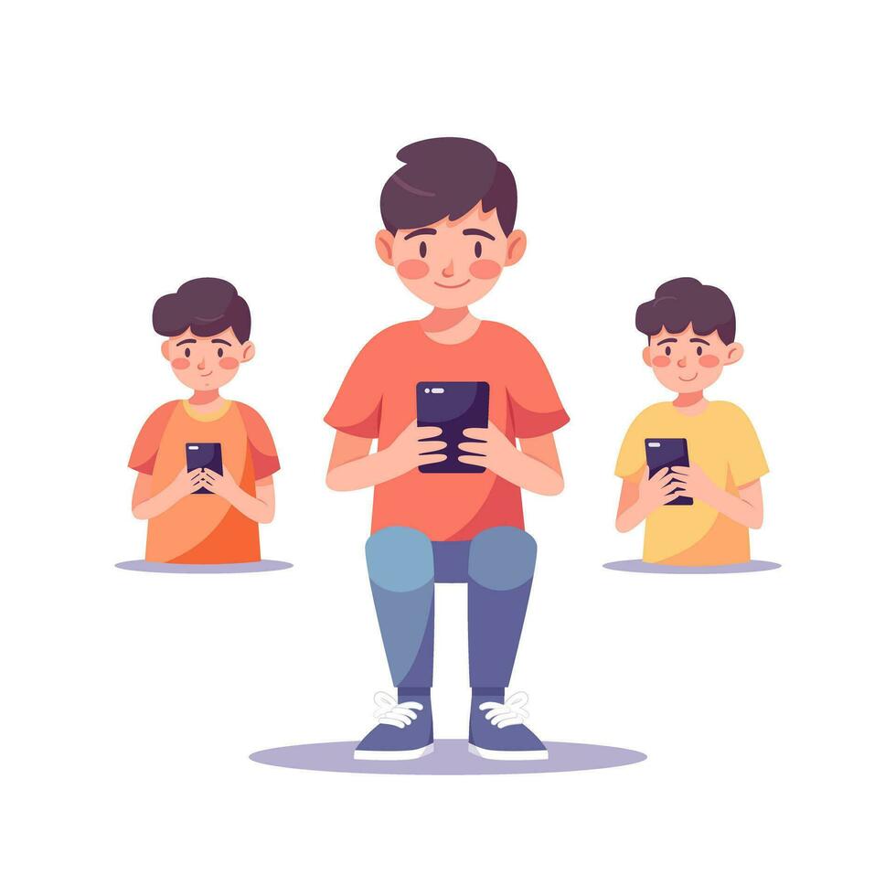 uppsättning av unge använder sig av smartphone, social nätverk, chatt, meddelande, internet, platt stil illustration. vektor