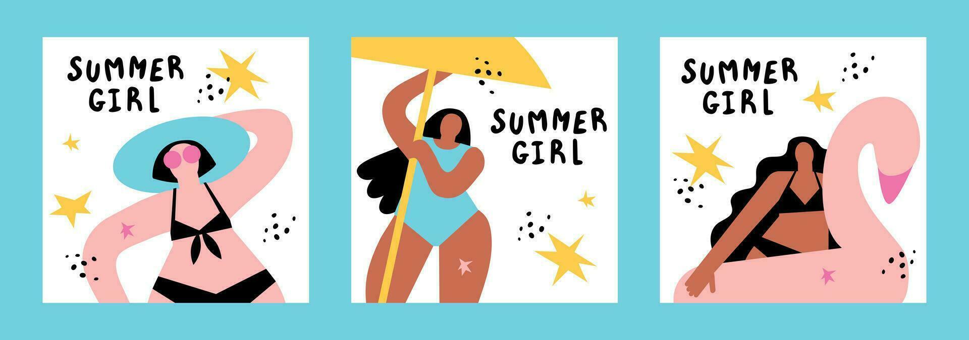 en uppsättning av sommar flickor. skön ung och söt flickor ha roligt och koppla av i sommar på de strand i en baddräkt vektor