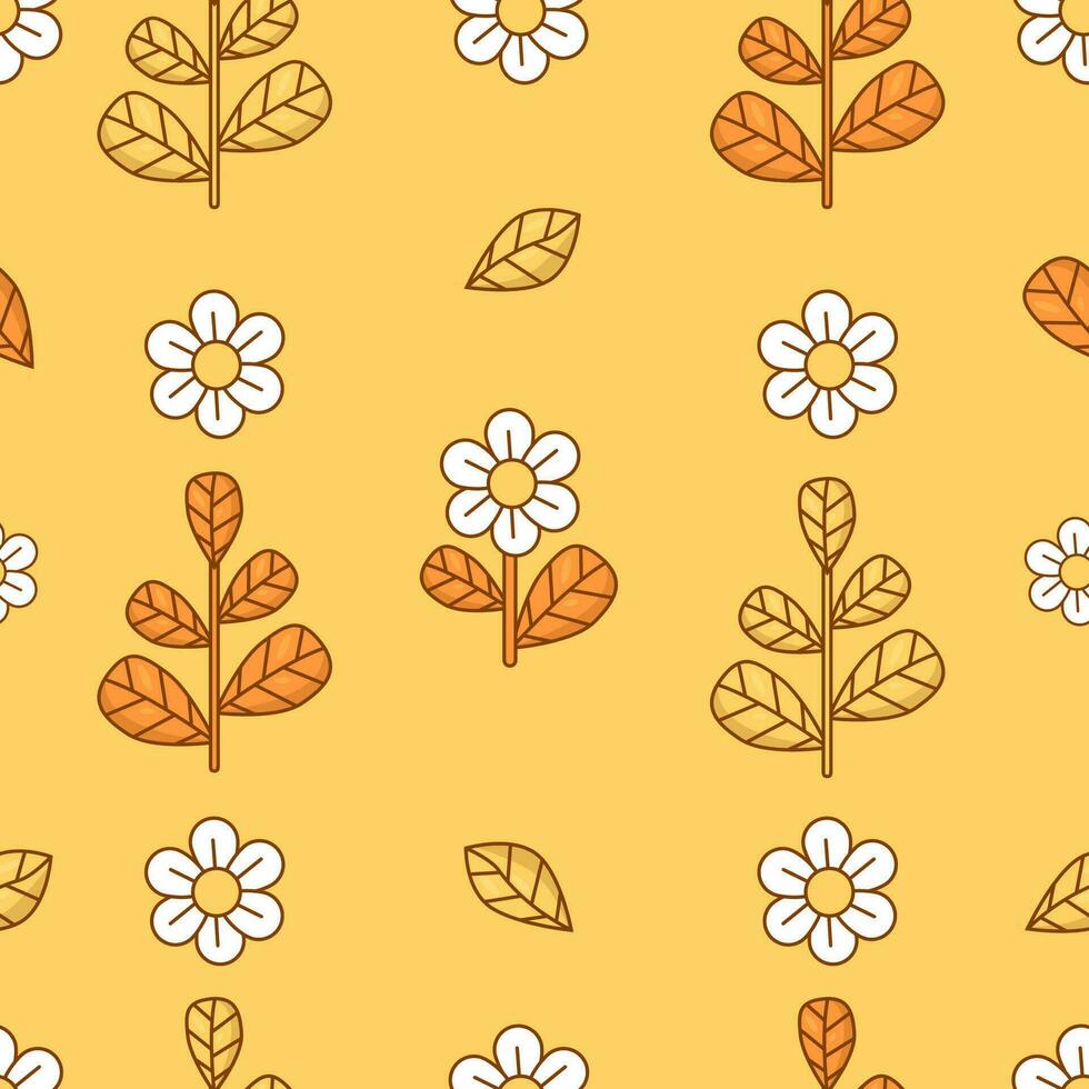 blommig sömlös mönster med kamomill blommor och grenar på gul bakgrund. häftig vektor illustration för tapet, design, textil, förpackning, dekor.