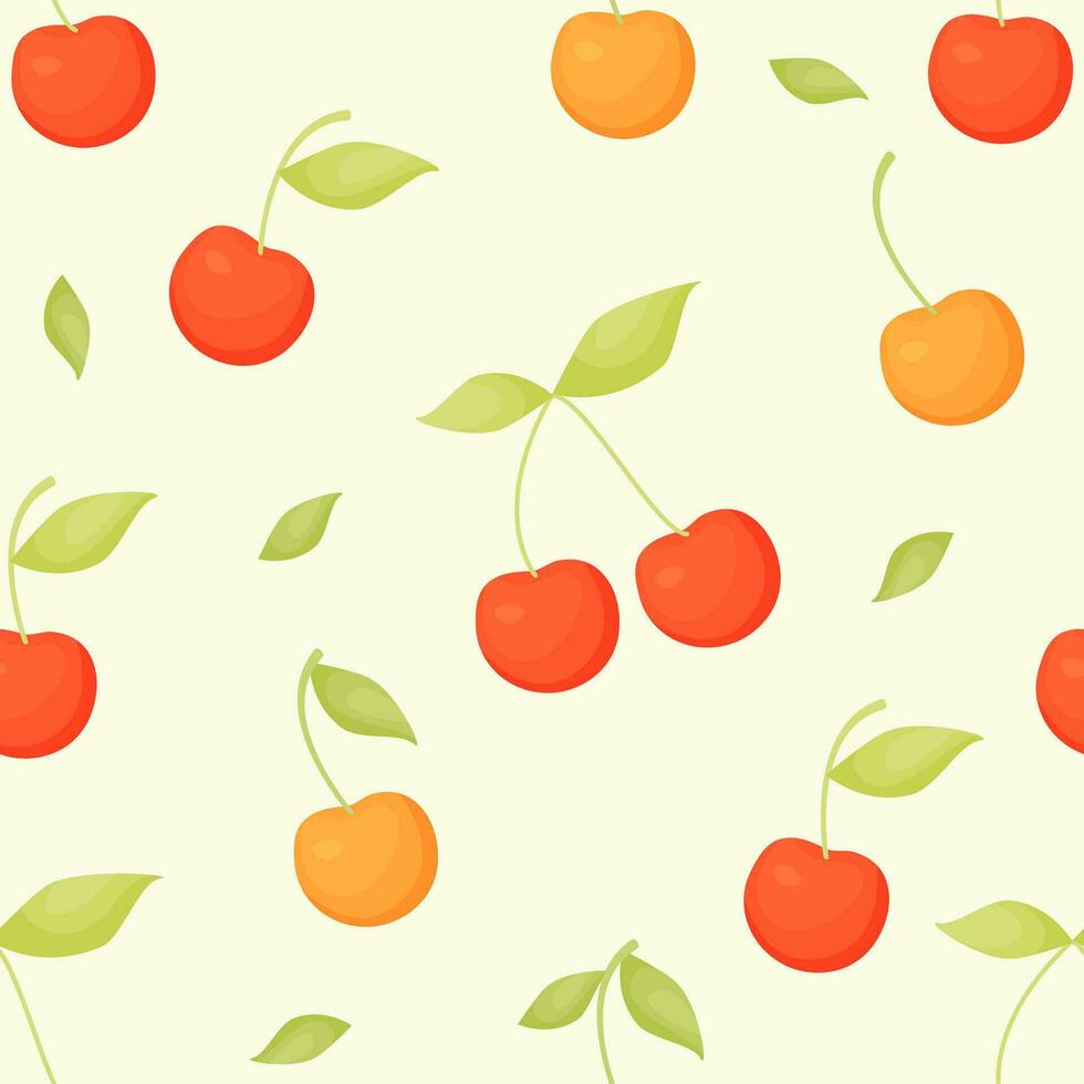 sömlös mönster med sommar gul ljuv körsbär och körsbär på ljus grön bakgrund. vektor illustration i platt tecknad serie stil för skriva ut, tapet, textil, förpackning och design.