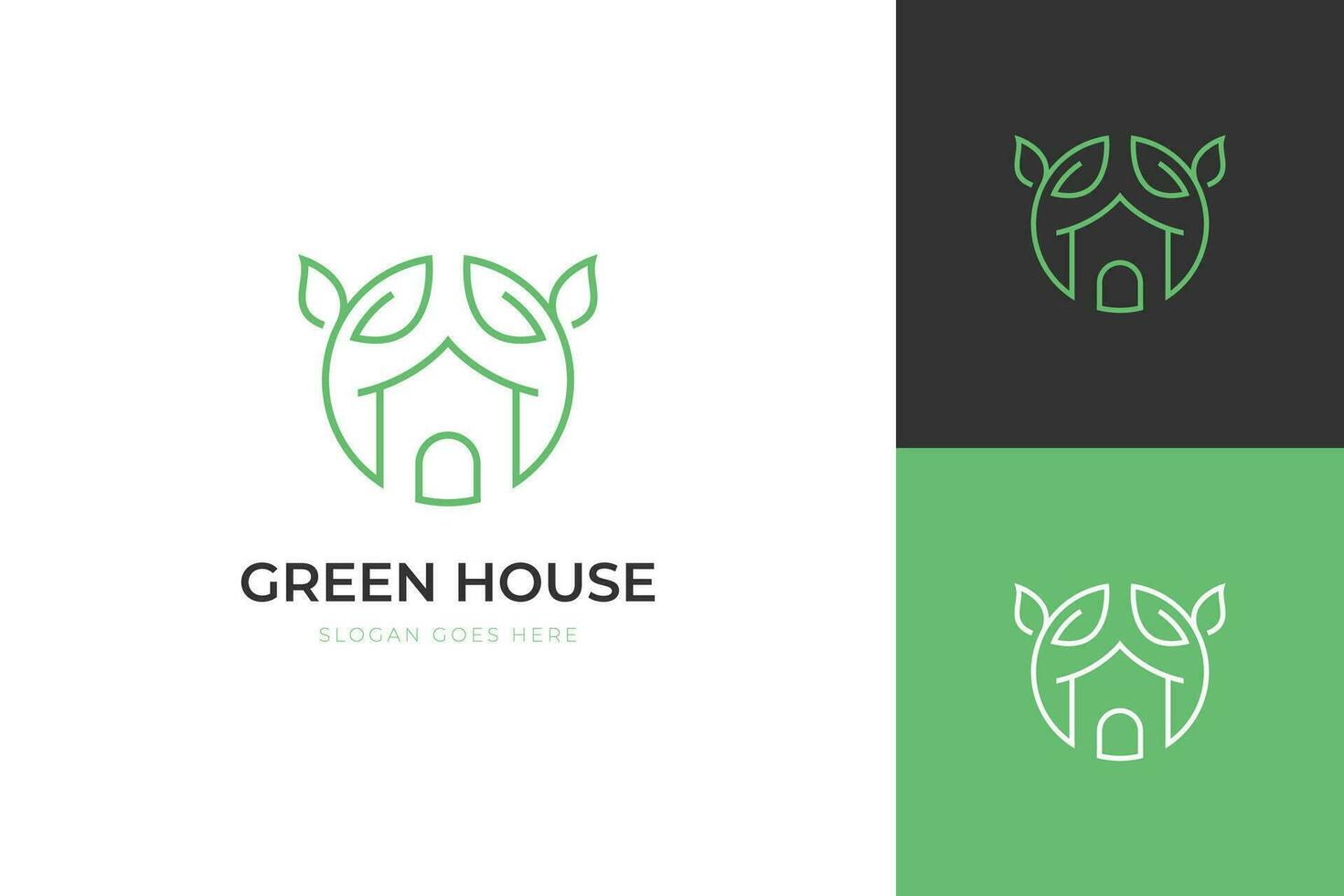 Natur grünes Haus Logo Design Linie Kunst Stil Vektor Symbol Icon Design mit Blatt Kreis Home Konzept, umweltfreundliches Home Logo Design