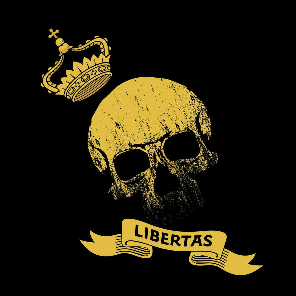 libertas. design för t-shirt av en gyllene skalle med en krona och en text på en banderoll isolerat på svart. vektor