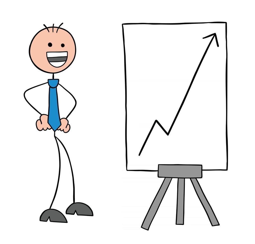 stickman affärsman karaktär med den stigande försäljning diagram och mycket glad vektor tecknad illustration