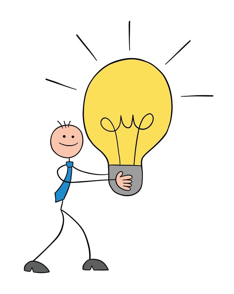 stickman affärsman karaktär gå och bära en glödlampa idé vektor tecknad illustration