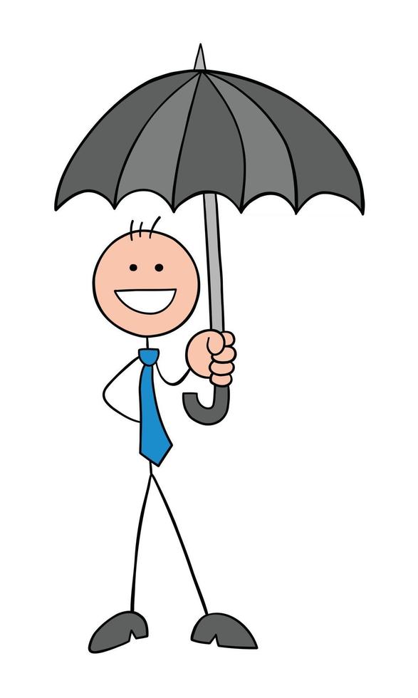 stickman affärsman karaktär håller paraply och glad vektor tecknad illustration